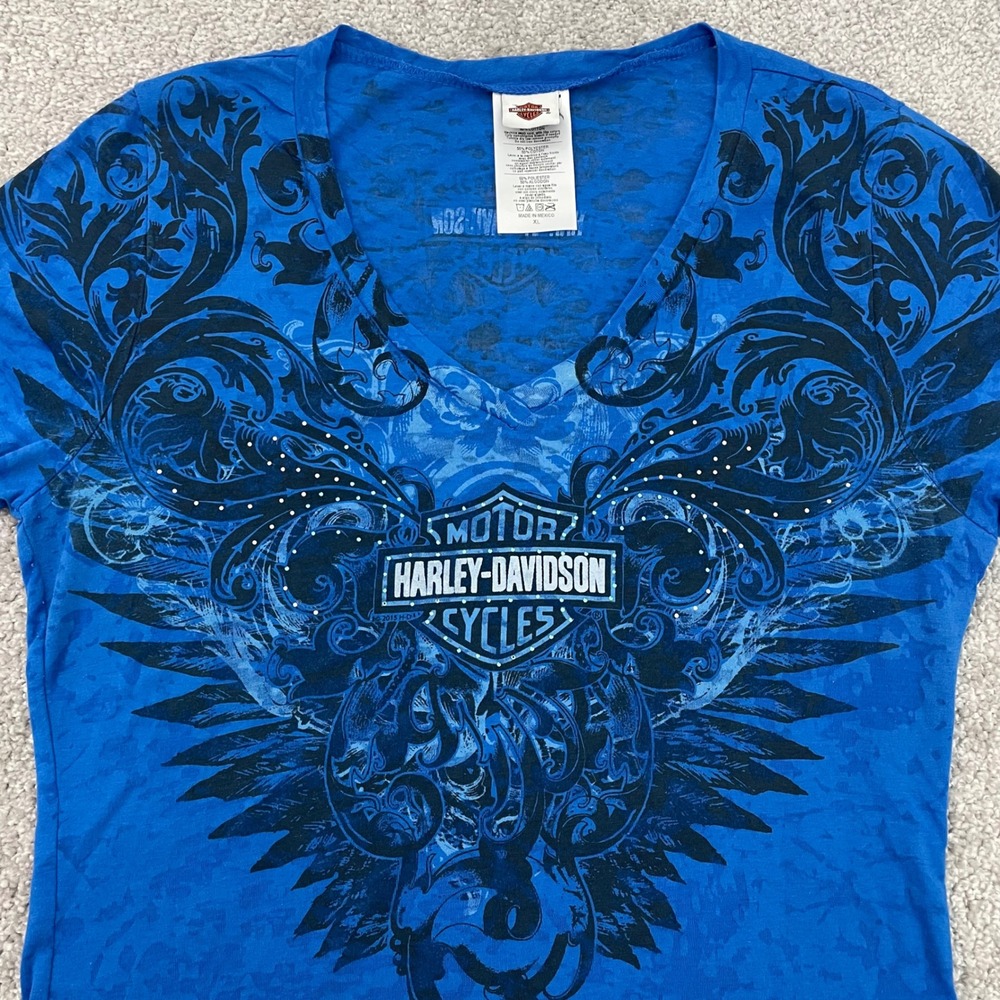 Harley Davidson Top Womens Small Y2K Burnout Rhinestone Biker Cape Cod (Tag XL)